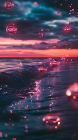 Neon spheres drift above twilight ocean waves at dusk.