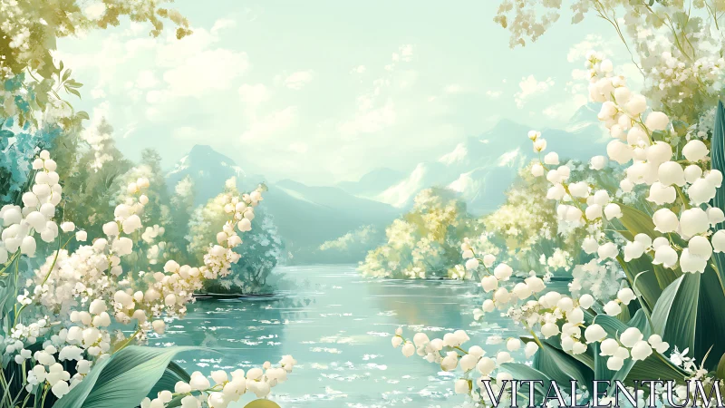 Pastel mountain lake framed by luminous lily of the valley blooms