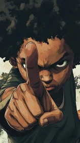 Defiant boy points directly forward with intense stare