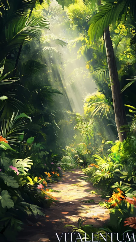 Sunlit Jungle Canopy Path Through Lush Tropical Forest