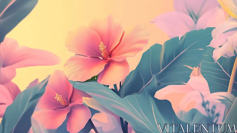 Soft tropical hibiscus bloom over teal banana leaves.