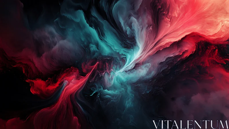 Swirling nebula of teal and crimson meeting in quiet motion.