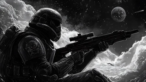 Monochrome sci-fi sniper trooper in celestial cloudscape.