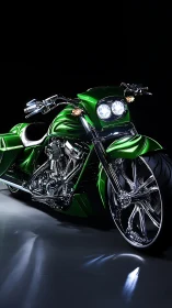 Emerald custom motorcycle glowing against night-black silence.