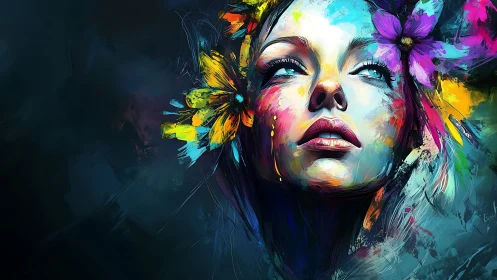 Female face emerges from saturated abstract floral brushstrokes