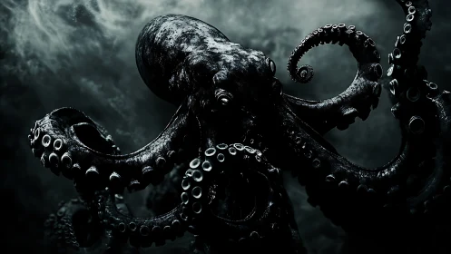 High-contrast deep-sea octopus rendered in cinematic chiaroscuro
