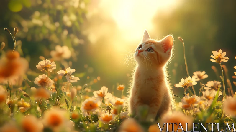 A Curious Kitten Discovering a Garden of Golden Flowers.