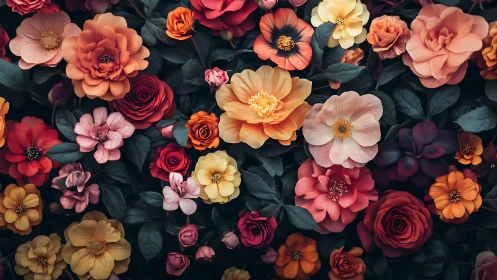 Garden's Theatrical Performance: Blooms Dance Against Obsidian Canvas