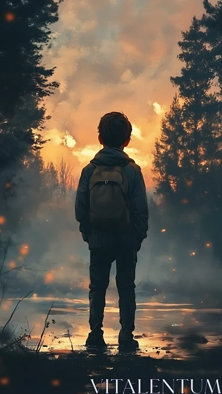 Solitary boy before a burning twilight forest horizon.
