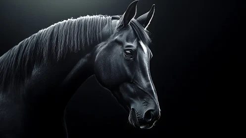 Black horse portrait rendered with dramatic side lighting