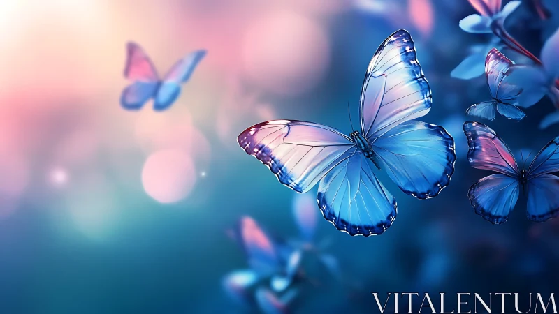 Iridescent blue butterflies in soft-focus bokeh light field.