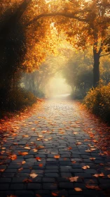 Cobblestone path drifts into a glowing autumn dream