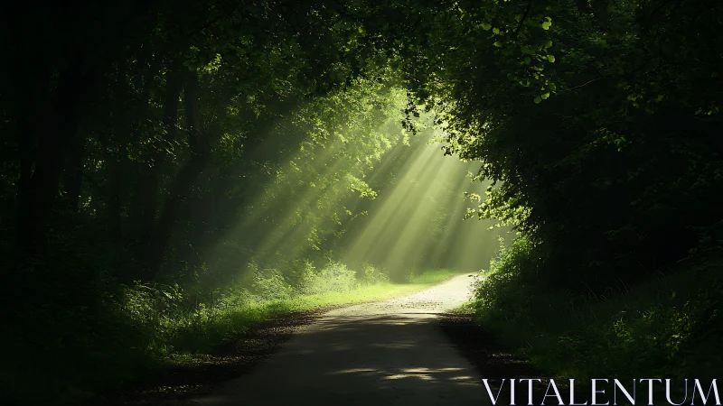 Gentle sunlight pours onto a quiet forest pathway