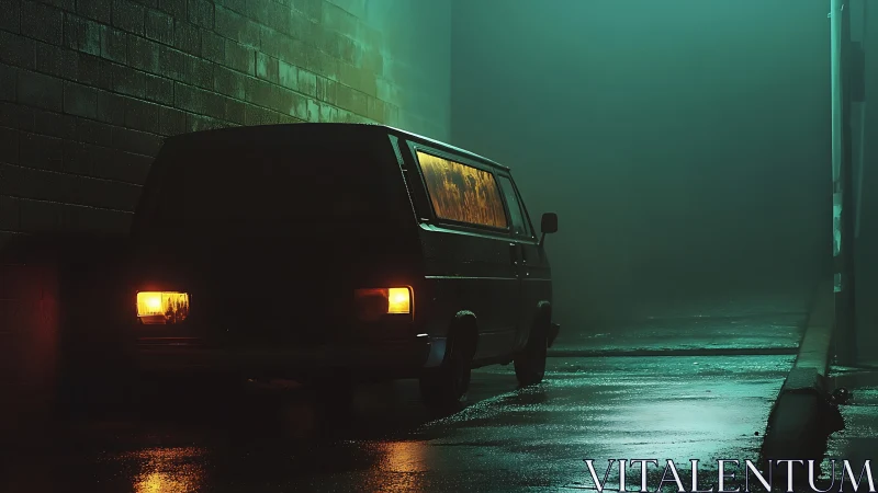 Lone van humming in neon-soaked midnight alleyway hush.
