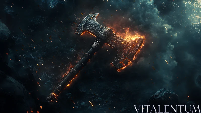 Burning double-headed war axe in smoky dark environment.