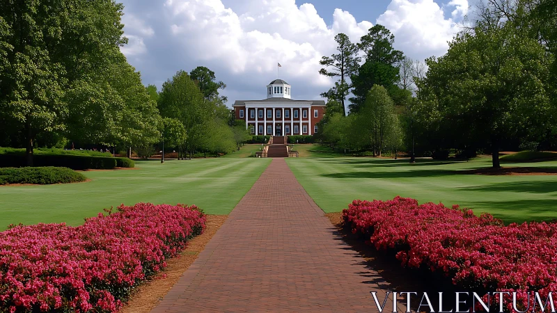 Brick walkway to neoclassical campus hall amid gardens.