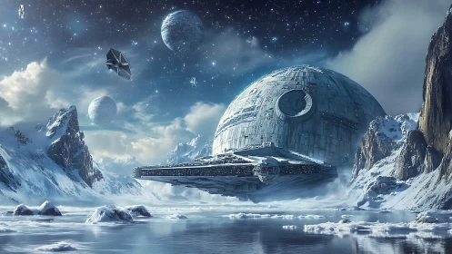 Colossal icy starbase under distant frozen planetscape.