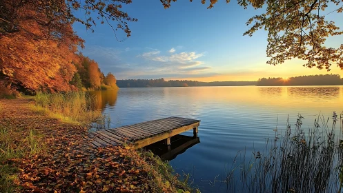 Timber lakeside jetty at autumn sunrise with mirrored water