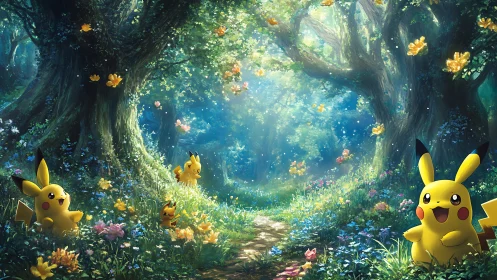 Enchanted Forest Tunnel with Pikachu Characters and Luminous Flora.