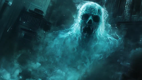 Skull-shaped spectral figure emerges within cyan volumetric fog