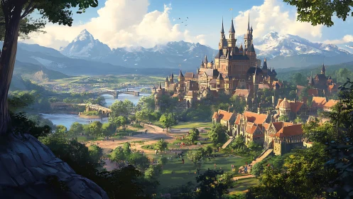 Sunlit alpine castle city with rivers, bridges and green valley