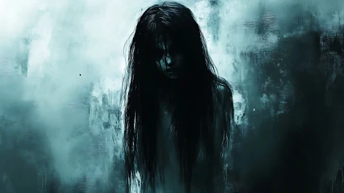 Ghostly girl emerges from mist in chilling digital horror art