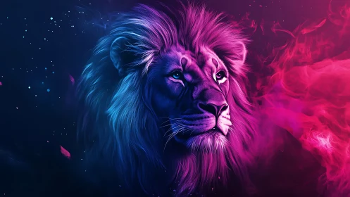 Neon mane monarch gazes through cosmic smoke and starlight.