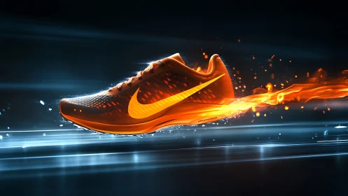 Fiery orange running shoe streaking through electric night.