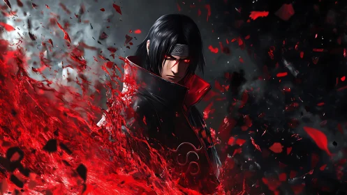 Crimson shards engulf brooding ninja amid swirling darkness.