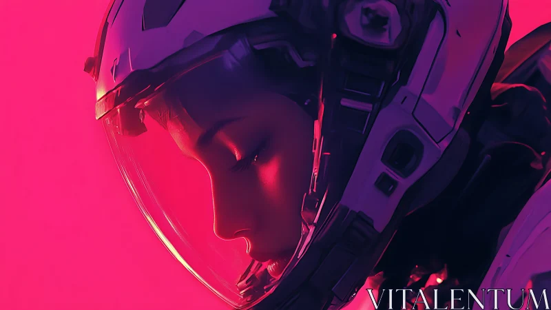 Solitary astronaut bows in neon glow of quiet reflection