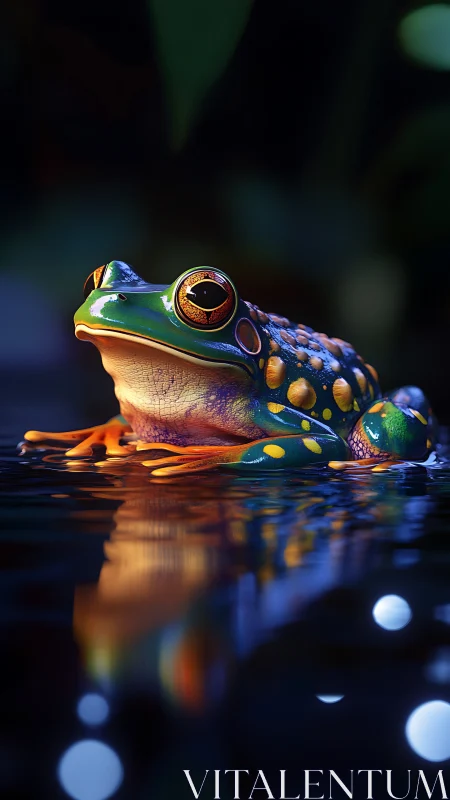 Iridescent tree frog rests on reflective midnight water.