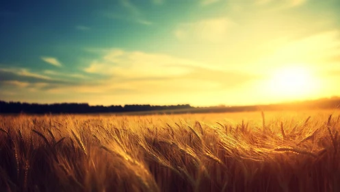 Golden wheat field under dramatic warm sunset light.