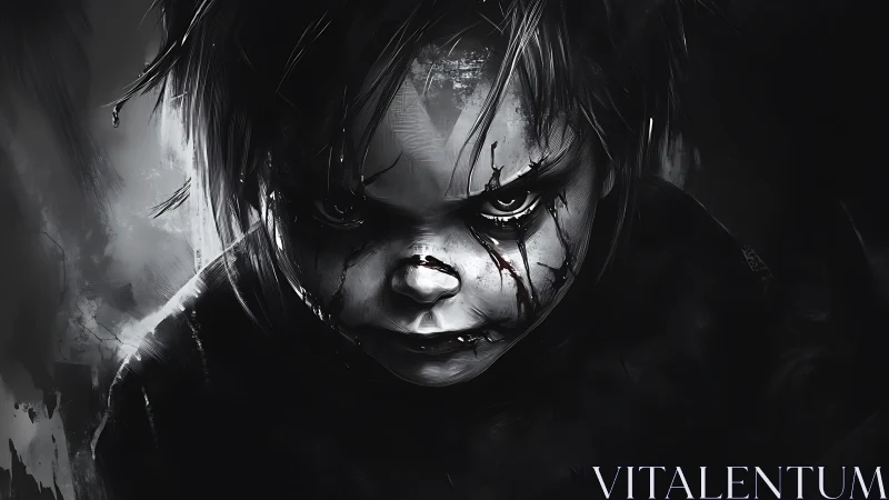 Brooding child of shadows with bleeding ink-kissed gaze.