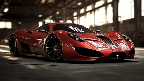 Red supercar in industrial warehouse with dramatic lighting.