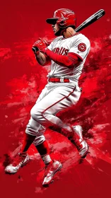 Dynamic red baseball slugger explodes from abstract backdrop