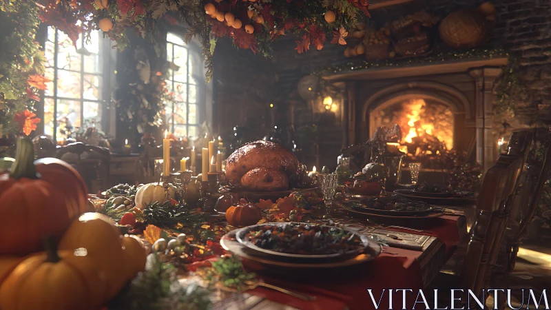 Harvest feast table glowing by fireplace in rustic hall.