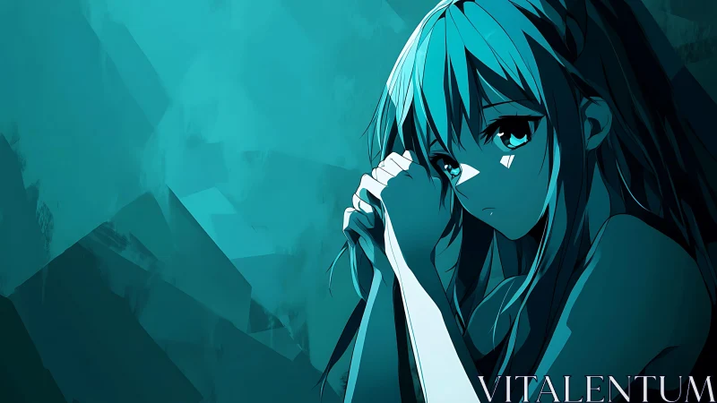 Monochrome cyan anime portrait with reflective lighting study.