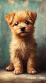 Fluffy golden puppy sits against textured teal background