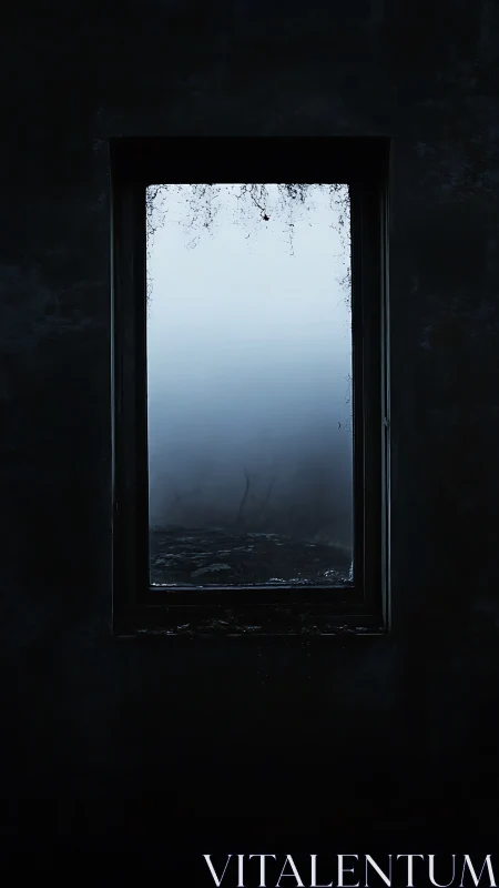 Single narrow window framing fog-shrouded exterior landscape