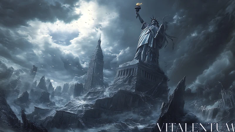 Post-apocalyptic liberty monument amid storm-lashed ruins.