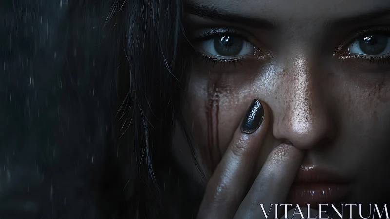 Close-up digital portrait shows injured face and intense gaze