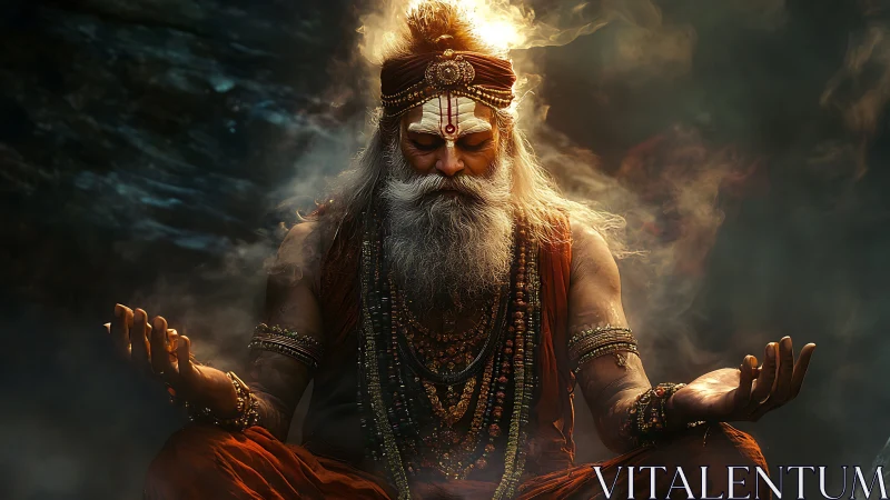 Radiant sage sits in peaceful meditation amid swirling light