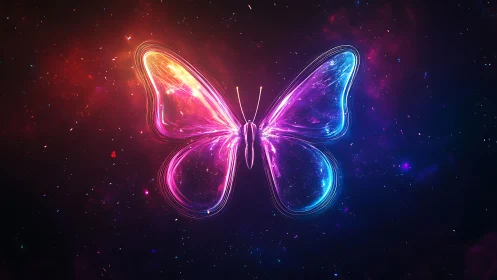Neon butterfly silhouette in glowing cosmic space.