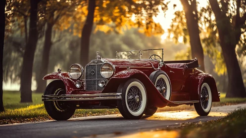 Vintage roadster with chrome detailing in autumn backlight.