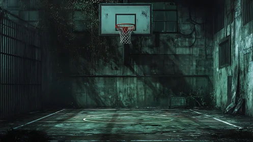 Abandoned indoor basketball court with worn hoop at center.