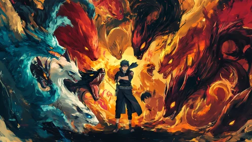 Fiery and Frosted Beasts Guarding a Calm Anime Hero.