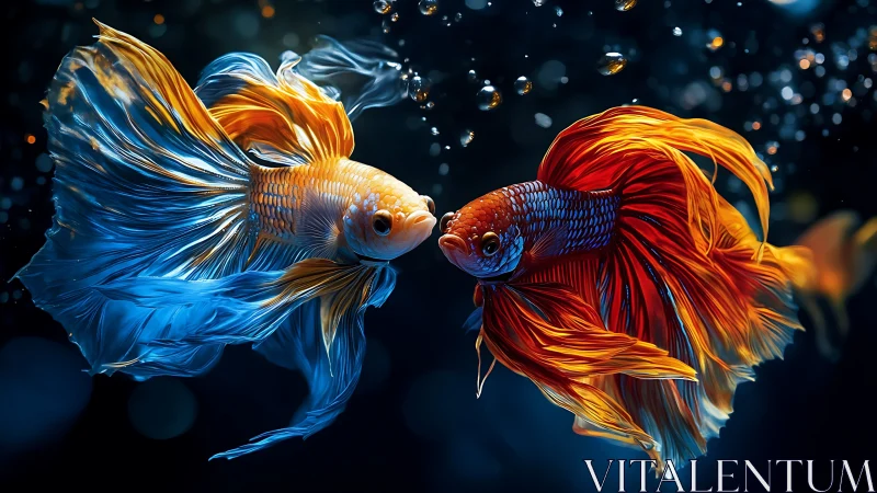 Twin betta comets trade colors in a midnight-water waltz