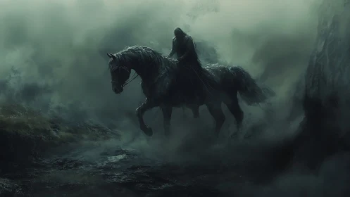 Mysterious rider and loyal horse emerging from misty shadows.
