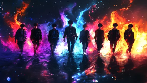 Starlit street gang marching through fire and nebula water.