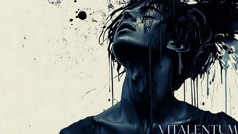 Ink-drenched portrait of anguished figure in stark contrast.